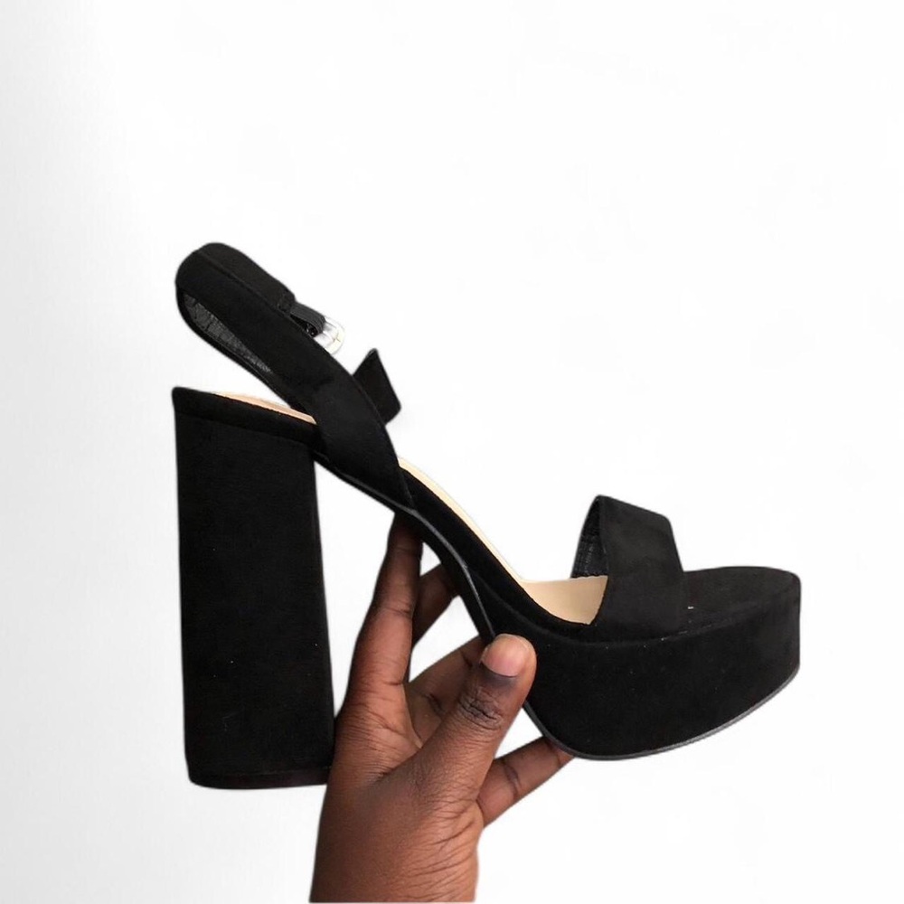 Whimsygoth Chunky Black Platform Sandal Block Heels Goth Faux Suede Prom Formal